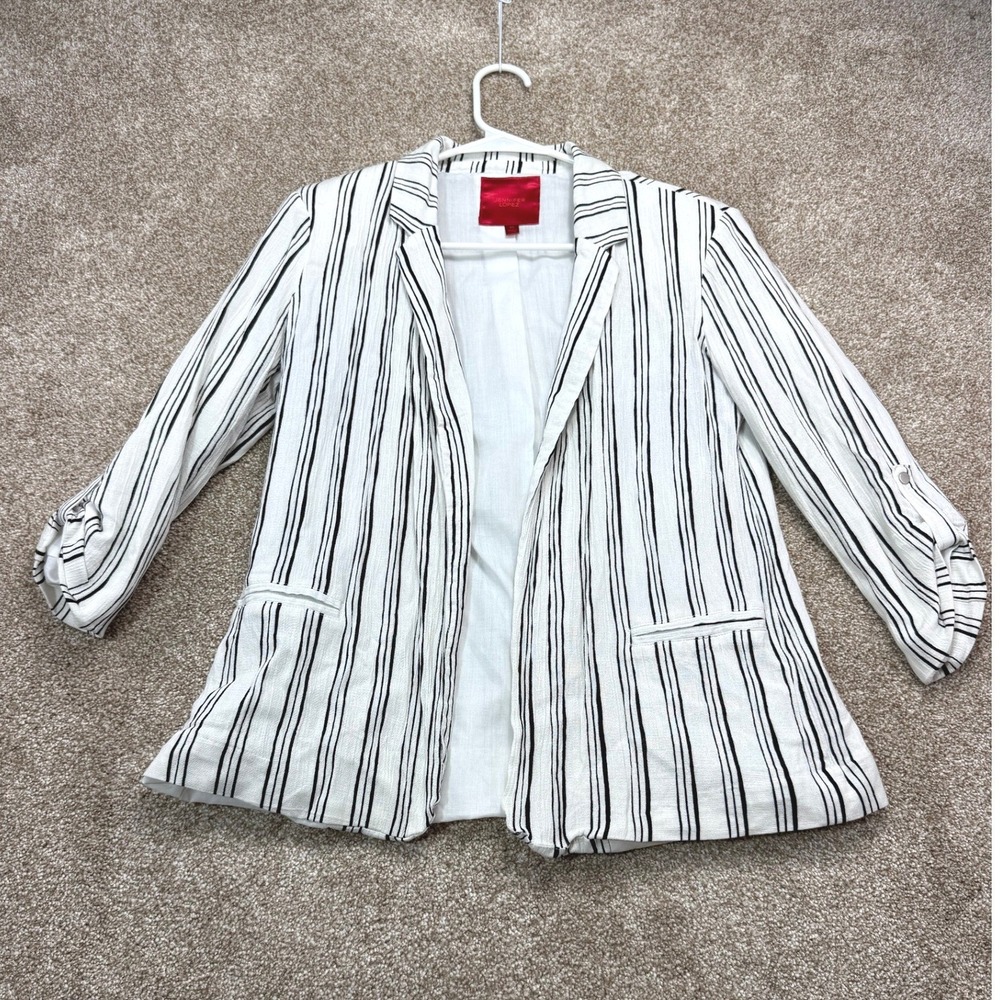 Jennifer Lopez Womens XS White Black Striped Open Front Rollโ Tab Sleeve Blazer
